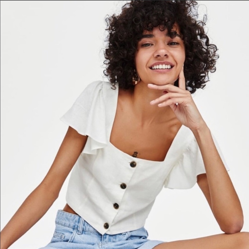 Zara Linen Buttoned Ruffle Sleeve Top